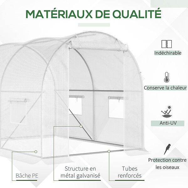 OUTSUNNY - Serre de jardin tunnel 6 m² 3L x 2l x 1,9H m acier galvanisé renforcé diamètre 2,4 cm + PE haute densité fenêtres porte blanc - large