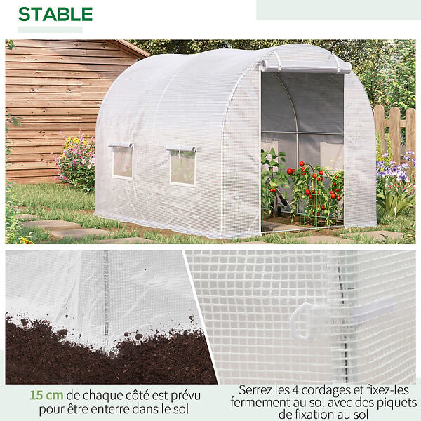 OUTSUNNY - Serre de jardin tunnel 6 m² 3L x 2l x 1,9H m acier galvanisé renforcé diamètre 2,4 cm + PE haute densité fenêtres porte blanc - large