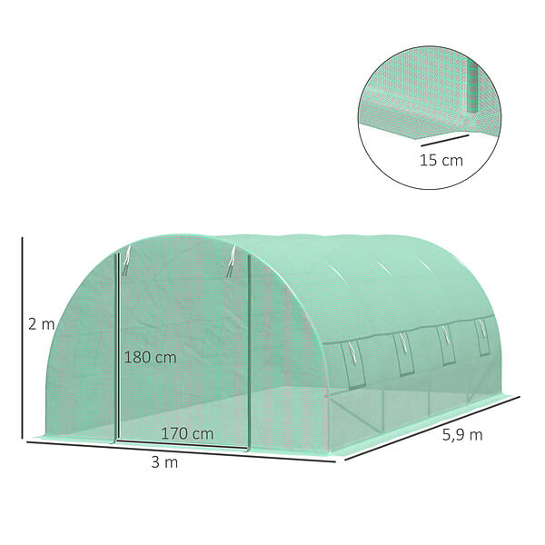 HOMCOM - Serre de jardin tunnel 5,9L x 3l x 2H m châssis tubulaire acier galvanisé renforcé 2,5 cm 8 fenêtres 1 porte vert - large
