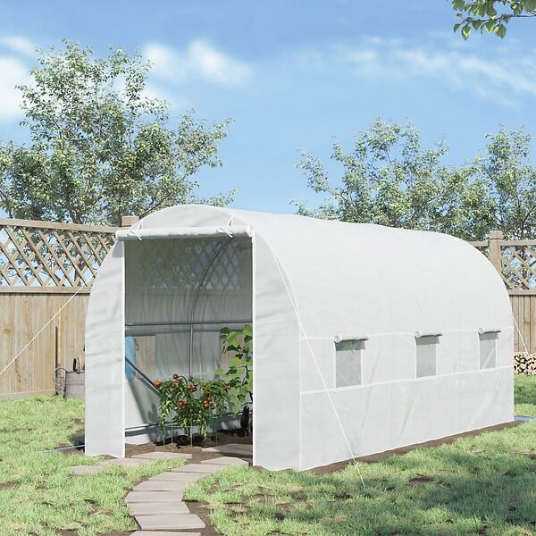 OUTSUNNY - Serre de jardin tunnel surface sol 9 m² 4,5L x 2l x 2H m châssis tubulaire renforcé 18 mm 6 fenêtres blanc - large