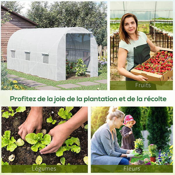 OUTSUNNY - Serre de jardin tunnel surface sol 9 m² 4,5L x 2l x 2H m châssis tubulaire renforcé 18 mm 6 fenêtres blanc - large