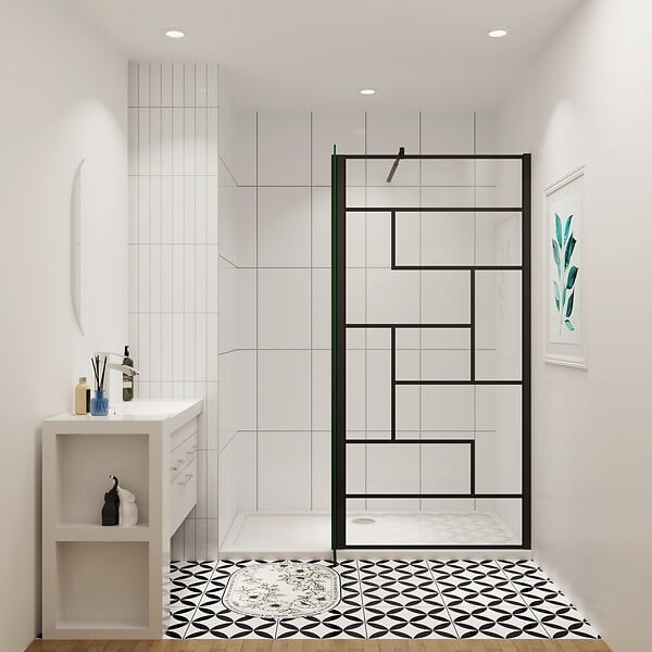 AICA SANITAIRE - AICA paroi de douche industrielle noire 100x200cm avec un retour pivotant 40cm livré avec une barre de stabilisation 90cm - large