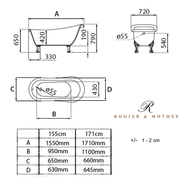 ROGIER & MOTHES - Baignoire sur pieds rétro RICHMOND Blanche 171 cm Pieds d'Aigle Noirs - large