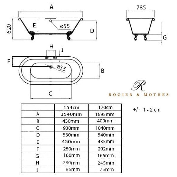 ROGIER & MOTHES - Baignoire sur pieds rétro CHELSEA Blanche 170 cm Pieds de Lion Dorés - large