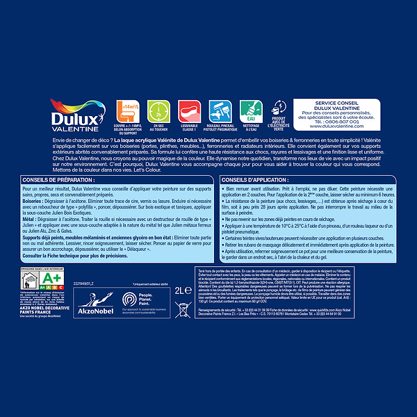 DULUX VALENTINE - Laque Acrylique Valénite Mat-Base White-2L - large