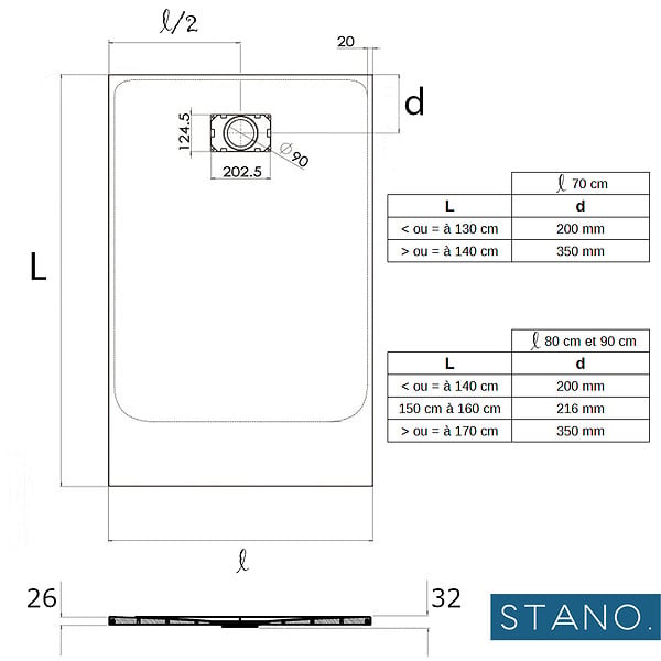STANO - Receveur de douche 70 x 120 cm extra plat blanc PIATTO en SoliCast® surface ardoisée - large