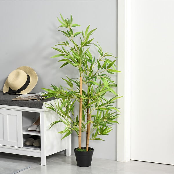 OUTSUNNY - Bambous artificiels 1,20H m - lot de 2 bambous artificiels - 369 feuilles réalistes par bambou avec vrais troncs - pot inclus noir vert - large