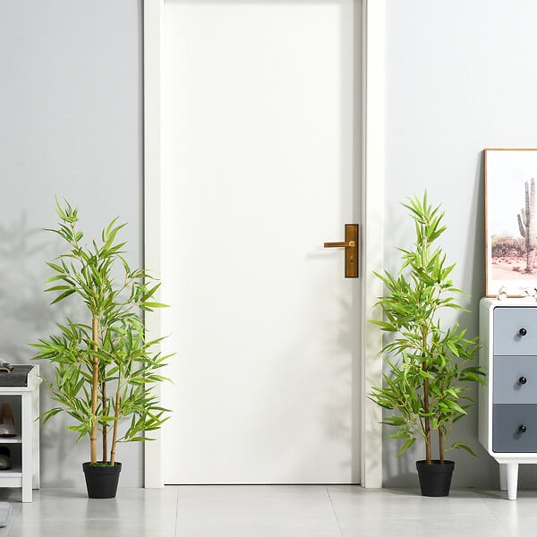 OUTSUNNY - Bambous artificiels 1,20H m - lot de 2 bambous artificiels - 369 feuilles réalistes par bambou avec vrais troncs - pot inclus noir vert - large