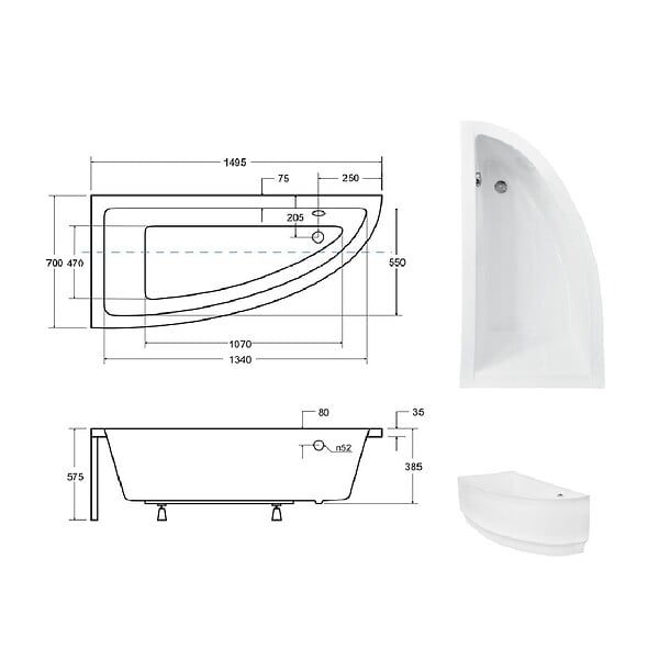BESCO - Baignoire asymétrique 150 x 70 cm + tablier noir + repose tête - PRAKTIKA - Gauche - large