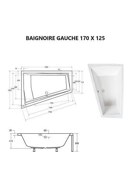 BESCO - Baignoire asymétrique 170 x 125 cm + tablier noir + repose tête - INTIMA DUO - Gauche - large
