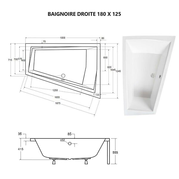 BESCO - Baignoire asymétrique 180 cm x 125 cm + tablier noir + repose tête - INTIMA DUO - Droite - large