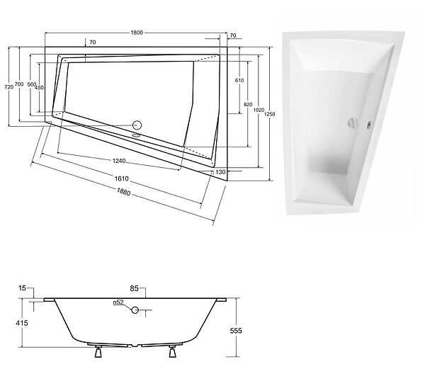 BESCO - Baignoire asymétrique blanche encastrée 180 cm x 125 cm + repose tête - INTIMA DUO SLIM - droite - large