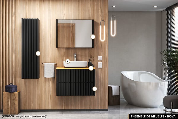 OTITEC - Ensemble complet de salle de bain - Meuble - Colonne - Miroir - Vasque à poser avec Siphon OFFERT | NOVA | Oak | 80 x 56 x 45 cm - large