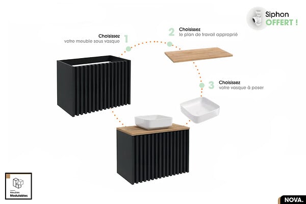 OTITEC - Ensemble complet de salle de bain - Meuble - Colonne - Miroir - Vasque à poser avec Siphon OFFERT | NOVA | Oak | 80 x 56 x 45 cm - large