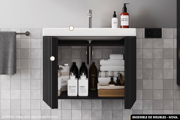 OTITEC - Ensemble complet de salle de bain - Meuble - Colonne - Miroir - Vasque à encastrer avec Siphon OFFERT | NOVA | Noir | 60 x 56 x 45 cm - large