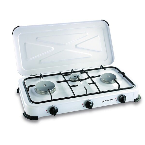 KEMPER - Réchaud gaz portable 3 feux 3450W Blanc laqué Couvercle Plaque de cuisson + Tuyau gaz KEMPER - large