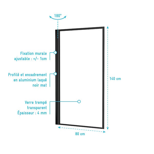 AURLANE - Pare baignoire rabattable 80x140cm - Finition Noir Mat - DARK CONTOURING SCREEN - large