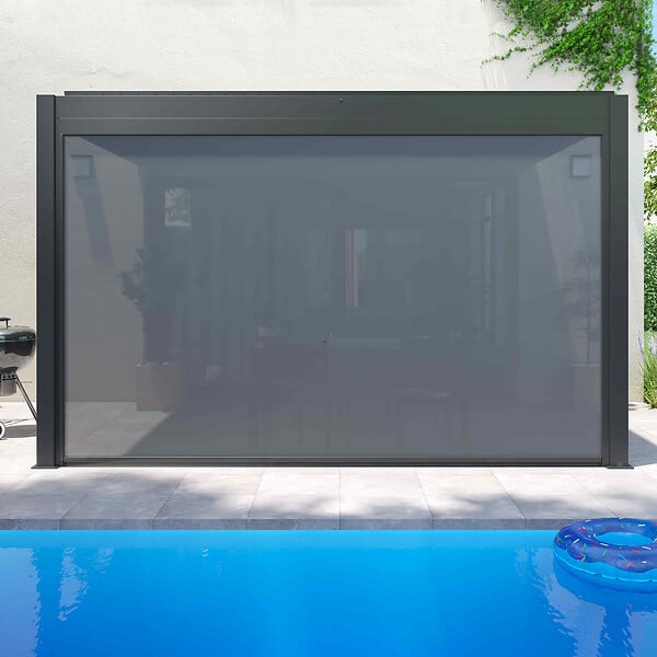 OVIALA - Pergola bioclimatique adossée gris 3x4m et 3 stores - Oia - large