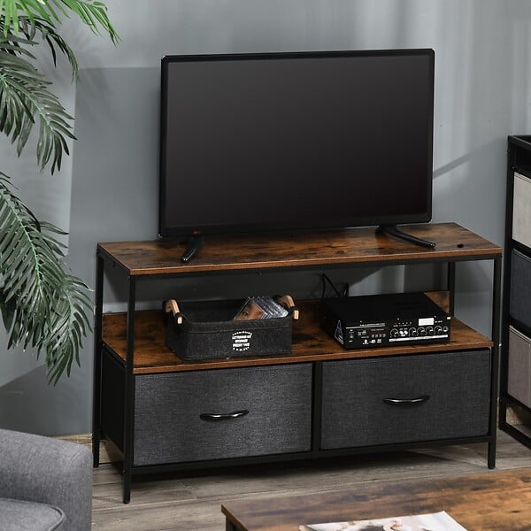 HOMCOM - Meuble TV bas sur pieds style industriel 2 tiroirs en tissu gris MDF marron rustique et metal noir - large