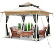 VOUNOT - Tonnelle de jardin exterieure pliable avec moustiquaire 3.6x3.6m beige - vignette