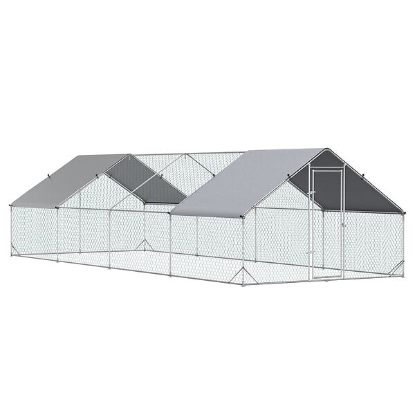 PAWHUT - Enclos poulailler chenil 24 m² - parc grillagé dim. 8L x 3l x 2H m - double espace couvert - acier galvanisé - large