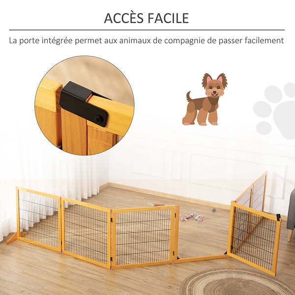 PAWHUT - Barrière de sécurité parc enclos chien modulable pliable porte verrouillable intégrée 5 panneaux grillage acier noir bois de pin verni - large