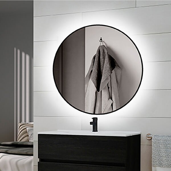 EMUCA - Miroir Zeus avec éclairage décoratif à LED et cadre noir, diamètre 80 cm, AC 230V 50Hz, 12 W, Aluminium et Verre - large