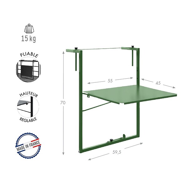 CENTRALE BRICO - Table de balcon réglable Soléa - 55x45 cm - vert pâle - large