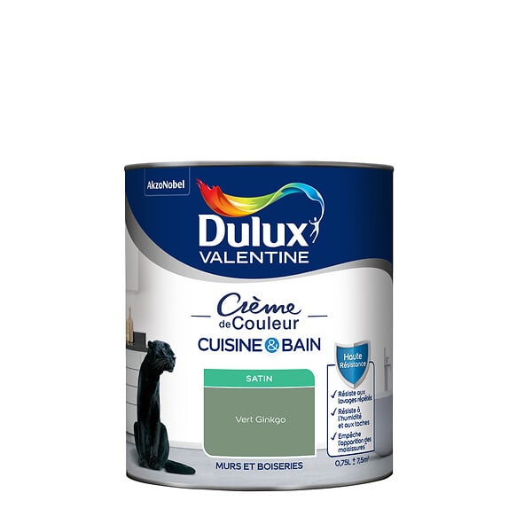 DULUX VALENTINE - Peinture Crème de Couleur Cuisine et Bain Satin Vert Ginkgo 0,75 L - large