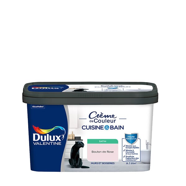 DULUX VALENTINE - Peinture Crème de Couleur Cuisine et Bain Satin Bouton de Rose 2 L - large