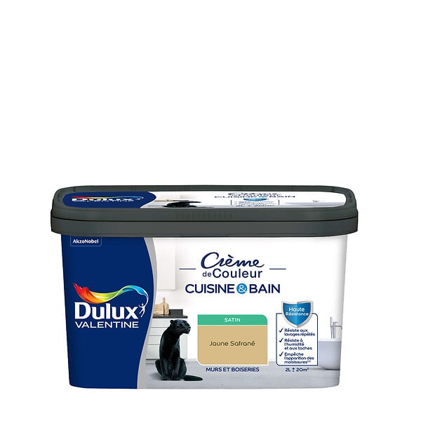 DULUX VALENTINE - Peinture Crème de Couleur Cuisine et Bain Satin Jaune Safrane 2 L - large