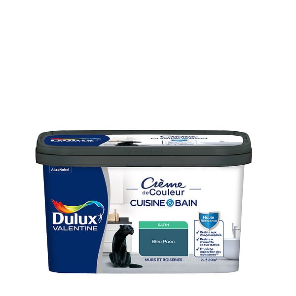 DULUX VALENTINE - Peinture Crème de Couleur Cuisine et Bain Satin Bleu Paon 2 L - large