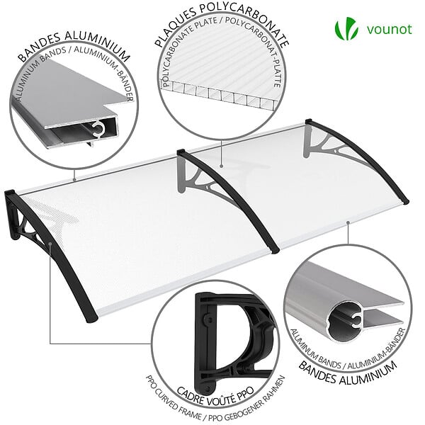 VOUNOT - Auvent de porte marquise 200x80 cm transparent en Polycarbonate anti UV Noir - large