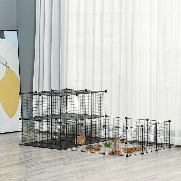 PAWHUT - Cage parc enclos rongeurs modulable dim. L 175 x l 105 x H 70 cm 2 niveaux 2 portes rampe résine PP fil métallique noir - large