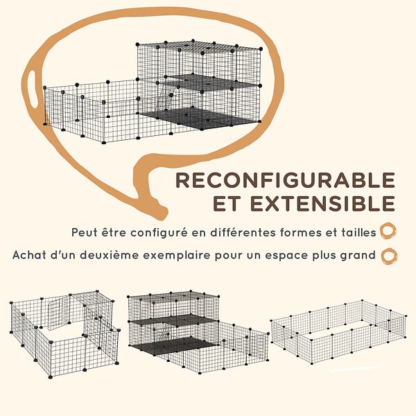 PAWHUT - Cage parc enclos rongeurs modulable dim. L 175 x l 105 x H 70 cm 2 niveaux 2 portes rampe résine PP fil métallique noir - large