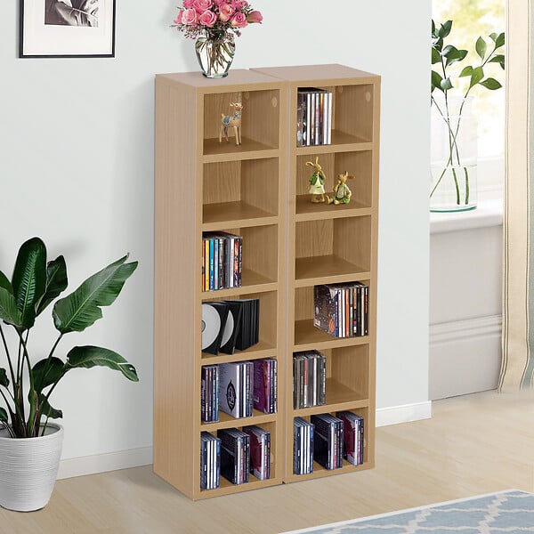 HOMCOM - Lot de 2 étagères colonnes armoire de rangement CD-DVD 6 + 6 compartiments dim. 21L x 19l x 88H cm capacité max. 204 CD coloris hêtre - large