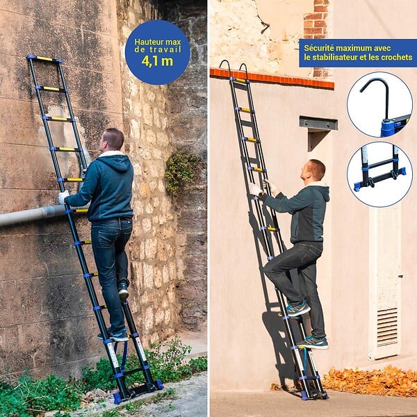 HOSTRÃ–M - Echelle telescopique 3,2m TELESCOVA10+, Aluminium, Pliable, Extensible, Multi-fonction, Hauteur de travail max 4,1m, Crochets Amovibles, Garantie 5ans - large