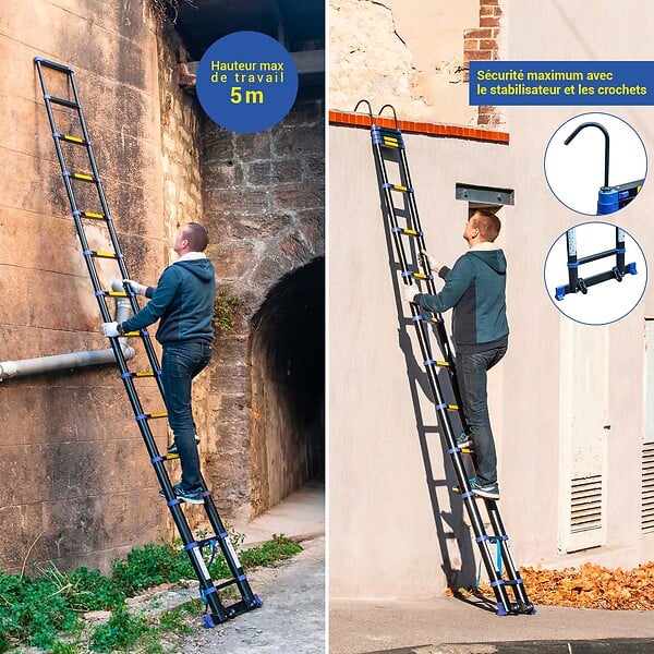 HOSTRÃ–M - Echelle telescopique 4,1m TELESCOVA13+, Aluminium, Pliable, Extensible, Multi-fonction, Hauteur de travail max 5m, Crochets Amovibles, Garantie 5 ans - large