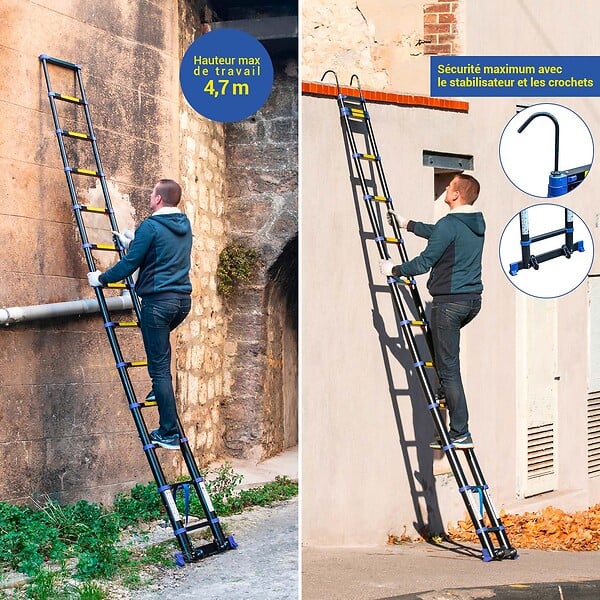 HOSTRÃ–M - Echelle telescopique 3,8m TELESCOVA12+, Aluminium, Pliable, Extensible, Multi-fonction, Hauteur de travail max 4,7m, Crochets Amovibles, Garantie 5ans - large