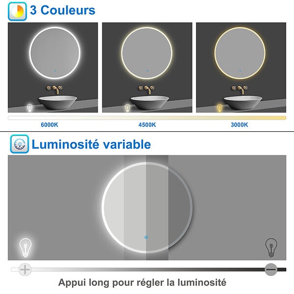 AICA SANITAIRE - Miroir de salle de bain rond LED 60cm 3 couleurs tactile + anti-buée + dimmable + fonction mémoire - large