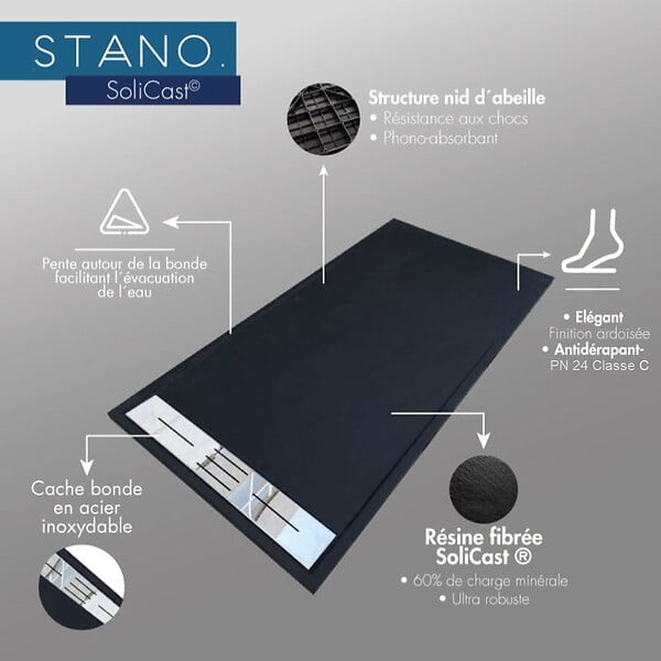 STANO - Receveur de douche 90 x 160 cm extra plat gris LUCIA en SoliCast® surface ardoisée - large