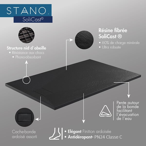 STANO - Pack Receveur de douche 90 x 160 cm extra plat blanc + Colonne de douche thermostatique - large