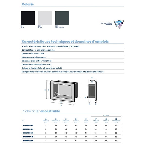 MARMOX - Niche design 40 x 40 cm U-Tile encastrable en acier inox - large