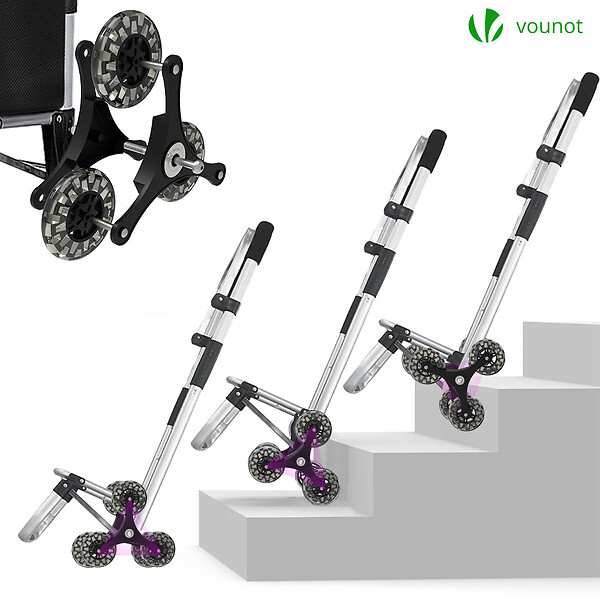 VOUNOT - Chariot de course pliable monte escalier aluminium avec crochets noir - large