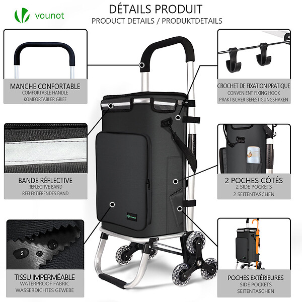 VOUNOT - Chariot de course pliable monte escalier aluminium avec crochets noir - large