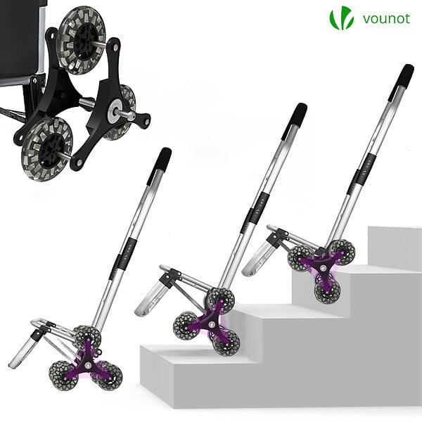 VOUNOT - Chariot de course pliable monte escalier aluminium avec crochets noir - large
