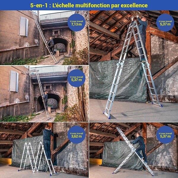 HOSTRÃ–M - Echelle pliante articulée STAVALANCE4x6, 6,8m, 24 marches, multifonction, ecarteur de mur, escabeau, aluminium, H travail max 7,13m, Hostrom - large
