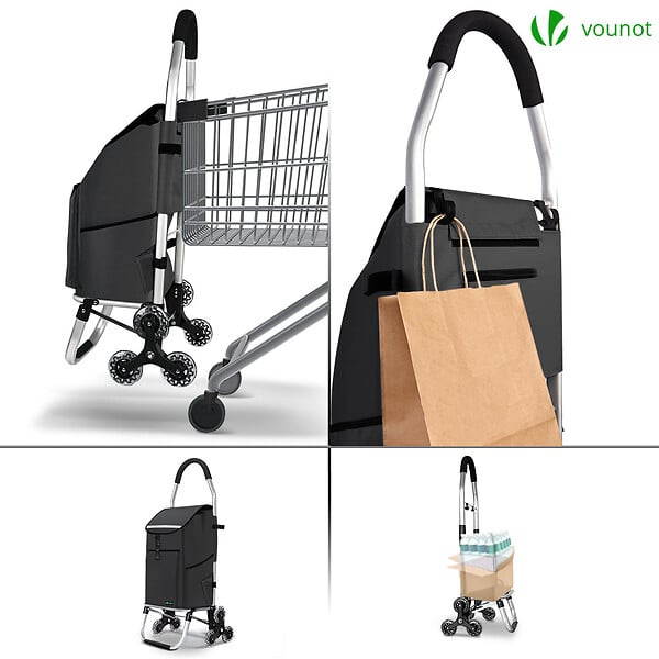 VOUNOT - Chariot de course pliable monte escalier aluminium avec crochets noir - large