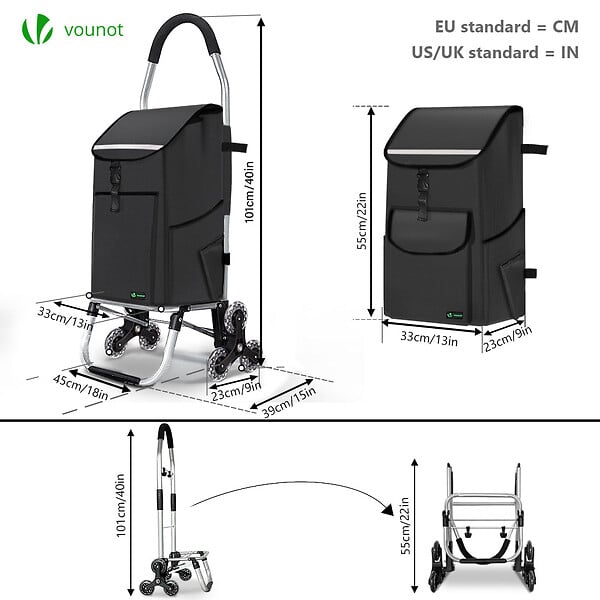VOUNOT - Chariot de course pliable monte escalier aluminium avec crochets noir - large