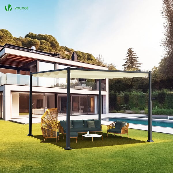 VOUNOT - Pergola retractable 3x3m en metal et toile Polyester haute densite 180g/m2 beige - large